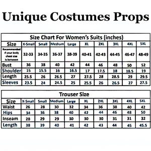 Op de afbeelding: Maattabel voor damespakken, getiteld "Unique Costumes Props". De maten zijn in inches en omvatten borstomvang, schouder, lengte en mouwen. Broekmaten voor taille, heupen, binnenbeenlengte en lengte zijn ook opgenomen.