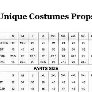 May include: Image of a size chart for costumes and props. The chart includes measurements for shoulders, chest, length, and sleeve, as well as waist and length for pants. Sizes range from S to 6XL.
