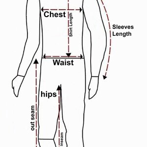 May include: Diagram illustrating body measurements for clothing. Key areas labeled include collar, shoulder, chest, waist, hips, inseam, out seam, and sleeve length. Dotted lines and arrows indicate measurement points on a stylized figure.