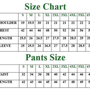 Puede incluir: Una tabla de tallas de ropa con medidas para hombros, pecho, largo, manga, cintura y largo de pantal&oacute;n. Las tallas van de la S a la 6XL. La tabla est&aacute; en formato de cuadr&iacute;cula con texto verde sobre fondo blanco.