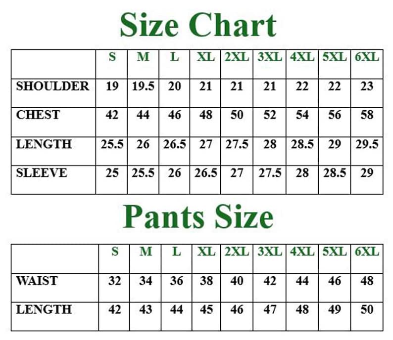 Puede incluir: Una tabla de tallas de ropa con medidas para hombros, pecho, largo, manga, cintura y largo de pantal&oacute;n. Las tallas van de la S a la 6XL. La tabla est&aacute; en formato de cuadr&iacute;cula con texto verde sobre fondo blanco.