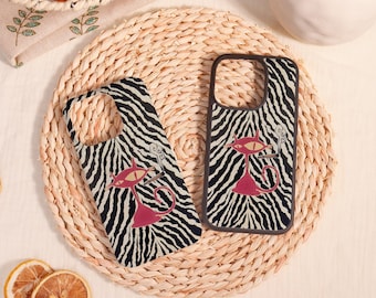 Zebra Print Retro Pink Cat iPhone Case/Protector,Customized Birthday Gift,For iPhone 16 15 14 13 12 11 Mini Plus Pro Max,iPhone X/XS/XR/SE