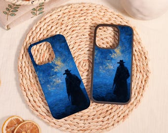 May include: Two rectangular phone cases featuring a dark blue, impressionistic-style painting of a lone figure wearing a wide-brimmed hat and a long coat, standing against a swirling, starry night sky with golden yellow highlights.