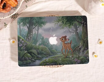 May include: A laptop skin featuring a forest scene with a brown fawn standing near a stream, surrounded by mossy rocks, ferns, and floating musical notes. The design incorporates a central white Apple logo cutout against the woodland backdrop.