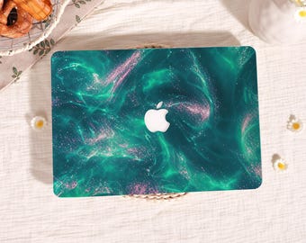 May include: A laptop skin featuring a swirling emerald green and teal marble pattern with subtle pink glitter accents. The design includes a central cutout for the white Apple logo, creating a vibrant, fluid aesthetic across the rectangular surface.