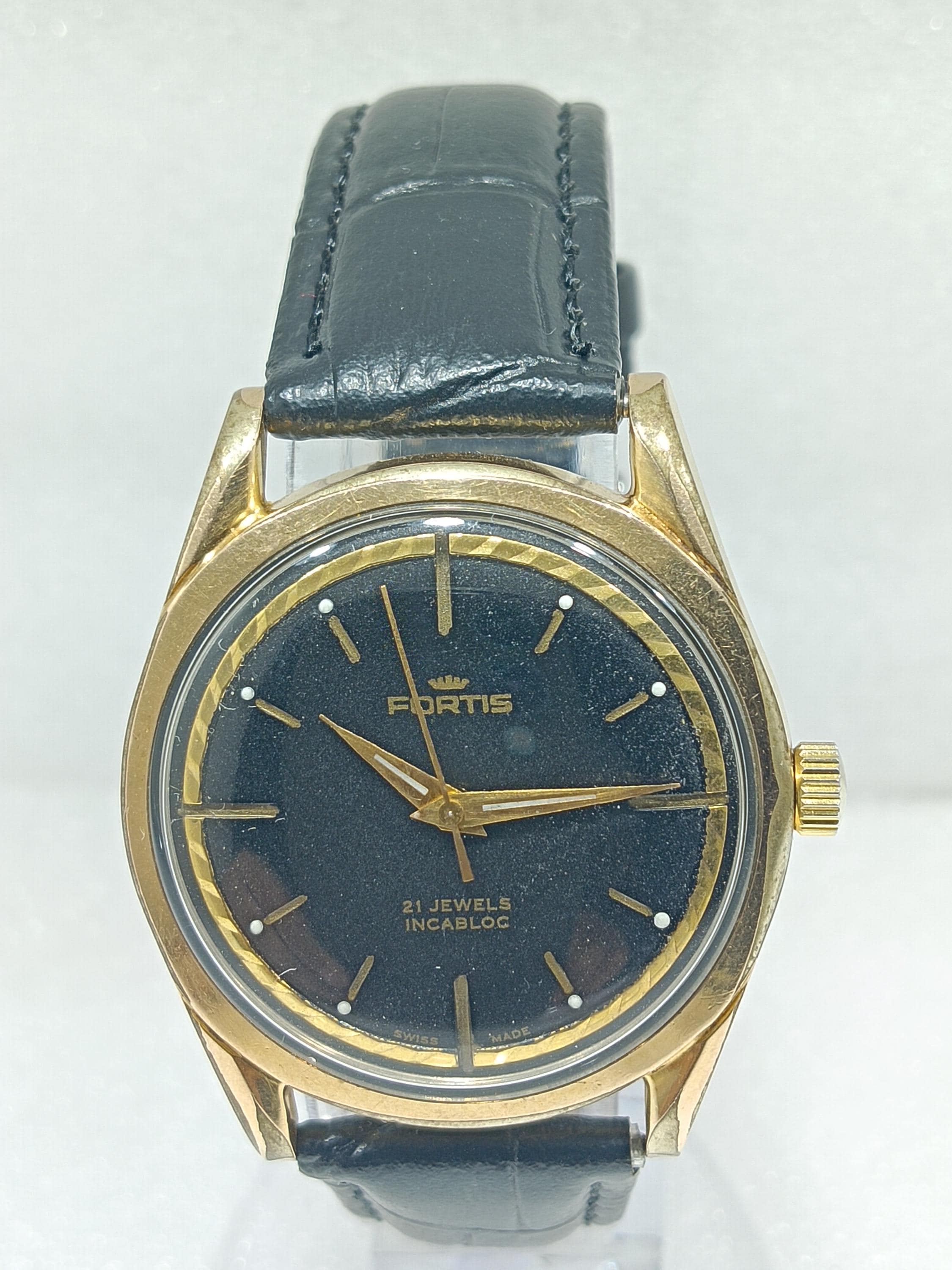 ヴィンテージ フォルティス 手巻き 21石 スイス製 ブラックダイヤル