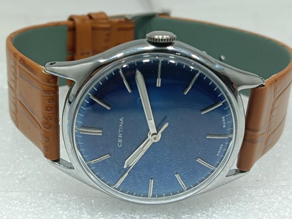 ヴィンテージ サーチナ 手巻き メンズ腕時計：スイス製 ブルー文字盤