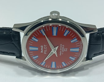 Vintage Hmt Pilot Self Winding Caliber 0231 Red Dial Made India Stainlees Steel Gift Men&#39;s Wrist Watch