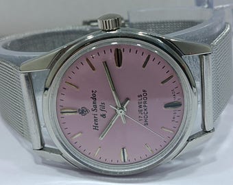 Vintage Henri Sandoz Swiss Made Men's Watch: Pink Dial, 17 Jewels