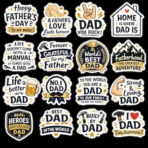 May include: A collection of Father's Day stickers with various designs and text. The stickers feature phrases like "World's Best Dad," "Happy Father's Day," and "Home is where Dad is." The color palette includes white, gold, and navy blue.