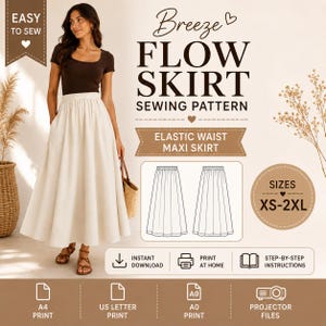 以下が含まれることがあります： ウエストゴムのマキシ丈スカート「Breeze Flow Skirt」の型紙。画像にはテキスト、スカートの線画、即時ダウンロード、自宅印刷、ステップバイステップの説明書、ファイル形式を示すアイコンが含まれています。
