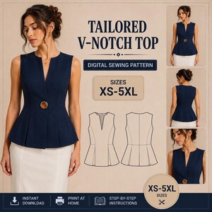 May include: A navy blue sleeveless top with a V-notch neckline, a single large amber-colored button closure, and a pleated peplum hem. The digital sewing pattern includes sizes XS-5XL, featuring technical line drawings of the front and back.