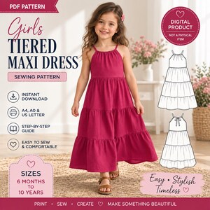 Könnte beinhalten: Ein digitales PDF-Schnittmuster für ein gestuftes Maxikleid. Das Bild enthält Text wie Girls TIERED MAXI DRESS, DIGITAL PRODUCT und SIZES 6 MONTHS TO 10 YEARS. Es zeigt eine Strichzeichnung des Kleides und ein Kind im magentafarbenen Kleid.