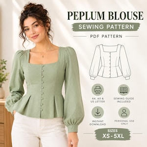 Pode incluir: Uma blusa peplum verde sálvia com mangas compridas, decote quadrado e fecho frontal com botões. A imagem inclui o texto: PEPLUM BLOUSE SEWING PATTERN, PDF PATTERN, A4, A0 & US LETTER, SEWING GUIDE INCLUDED, INSTANT DOWNLOAD, PERSONAL USE ONLY, SIZES XS-5XL.