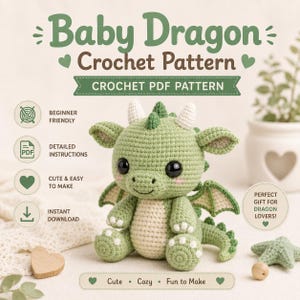 May include: A crocheted baby dragon in shades of green and cream, with large black eyes and small white horns. The image includes text that reads "Baby Dragon Crochet Pattern" and "Crochet PDF Pattern". Additional text includes "Beginner Friendly", "Detailed Instructions", and "Cute & Easy to Make".