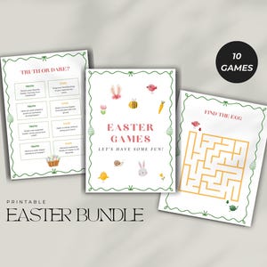 Op de afbeelding: Printbare paas-spelletjesbundel met 10 spellen, waaronder Waarheid of Durven, Vind het Ei, en meer. De spellen hebben een groene rand met paas-thema illustraties.