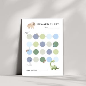 Peut inclure: Un tableau de récompenses imprimable avec un dinosaure vert et un tricératops brun. Le tableau est composé d'une grille de cercles bleus et verts. Le texte sur le tableau dit "Reward Chart", "Let's start!" et "You did it!"