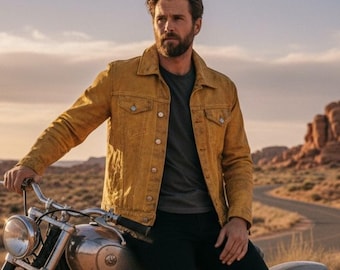 Handmade Distressed Yellow Leather Trucker Jacket - Motorcycle Style