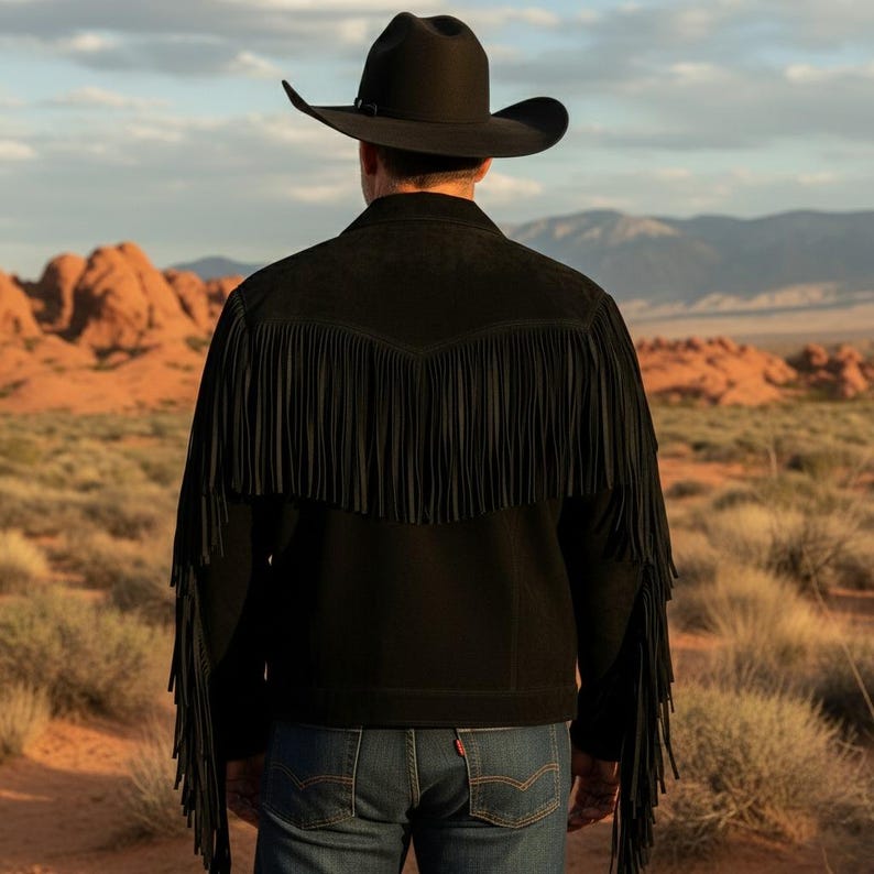 May include: A black suede jacket with long fringe detailing across the back and sleeves. The jacket is paired with blue jeans and a black cowboy hat. The background features a desert landscape with red rock formations and a cloudy sky.