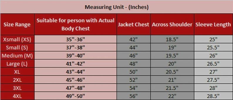 May include: A size chart for jackets, with measurements in inches. The chart includes size ranges from Xsmall to 4XL, detailing chest, shoulder, and sleeve lengths. The text "Measuring Unit - (Inches)" is at the top.