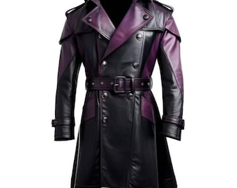 Steampunk Gothic Faux Leather Trench Coat: Purple & Black Cosplay