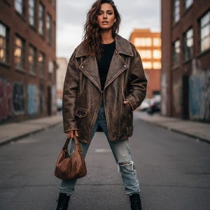 90's Oversized Distressed Brown Leather Jacket - Handmade Retro Biker