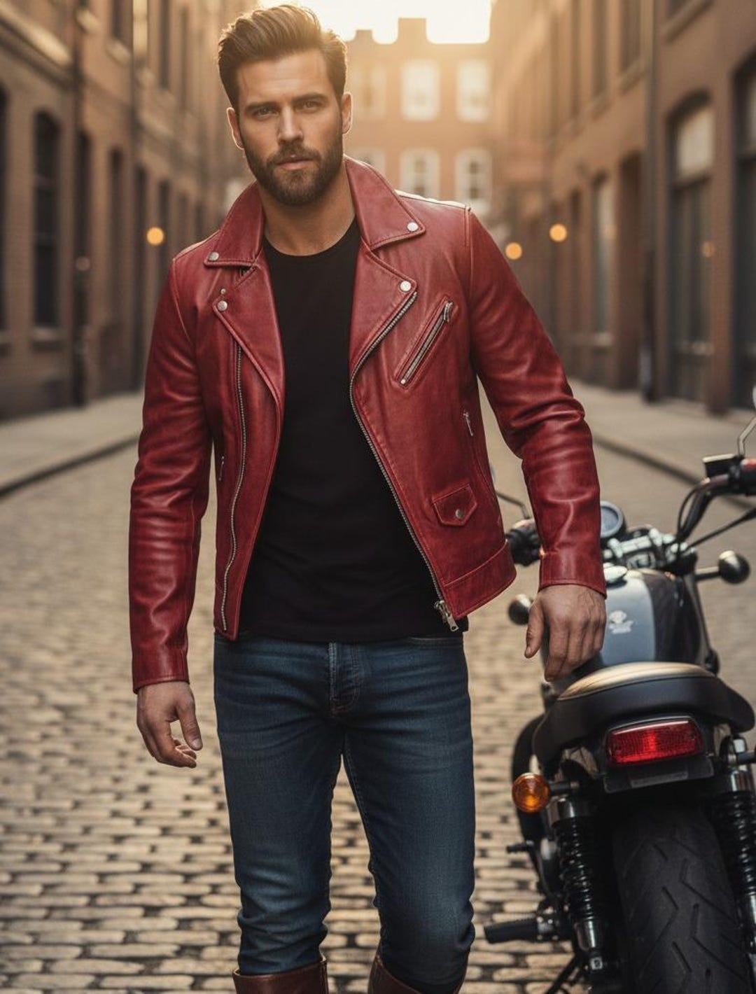 Men’s Red Leather Biker Jacket Classic Motorcycle Rider Style — free download