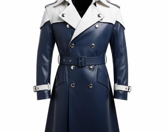 Steampunk Gothic Faux Leather Trench Coat: Blue & White Cosplay