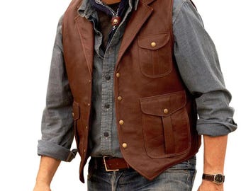 Cowhide Leather Motorcycle Vest: Vintage Brown Western Cowboy Style