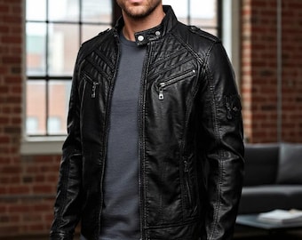 Men's Black Sheepskin Leather Motorcycle Jacket, Vintage Cafe Racer Biker Style
