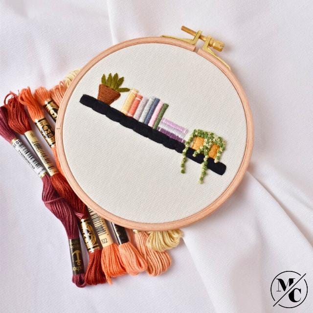 Handmade Embroidered Bookshelf Wall Art – Book Lover Gift, Cozy Home ...