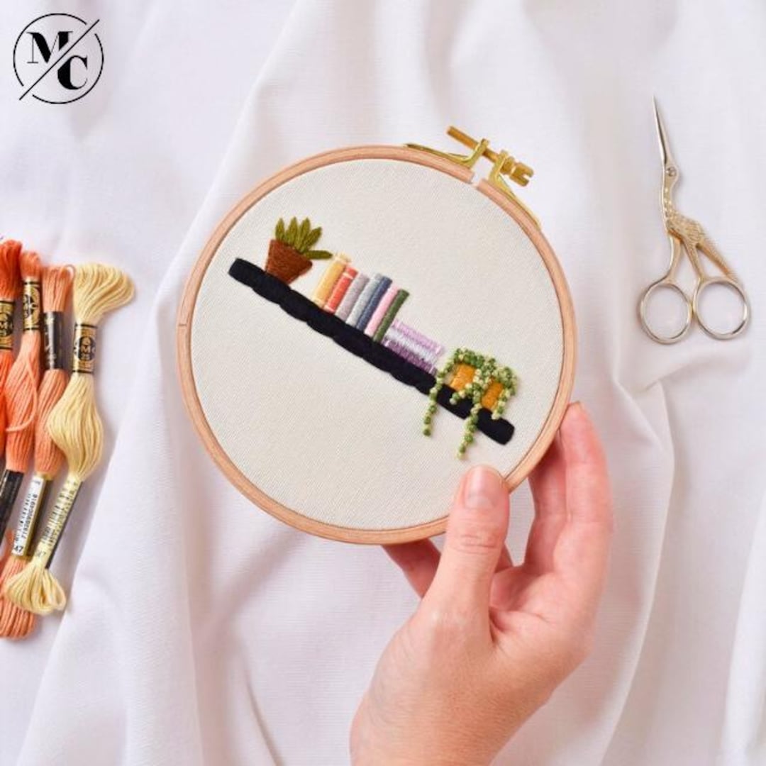 Handmade Embroidered Bookshelf Wall Art – Book Lover Gift, Cozy Home ...