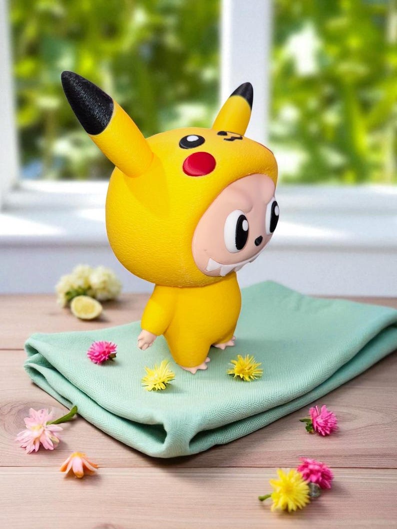 May include: A yellow Pikachu-themed figurine with black-tipped ears and red cheek circles. The figure is standing on a folded, light green cloth, surrounded by small pink and yellow flowers. The background is blurred, suggesting a natural setting. The figurine has a smiling face.
