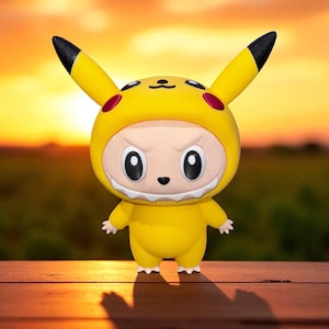 May include: A yellow figurine of a character in a Pikachu costume. The figurine has a white face with black eyes and a toothy grin. The costume features black-tipped ears and red cheek circles. The background is a sunset.