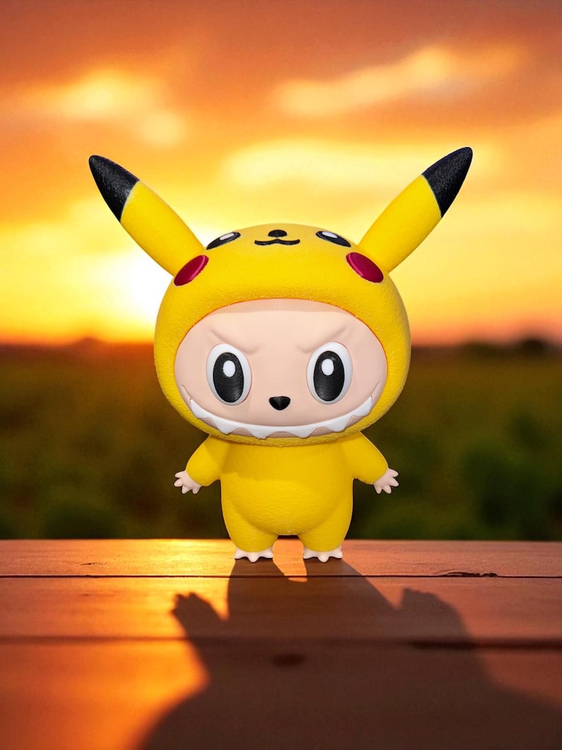 May include: A yellow figurine of a character in a Pikachu costume. The figurine has a white face with black eyes and a toothy grin. The costume features black-tipped ears and red cheek circles. The background is a sunset.