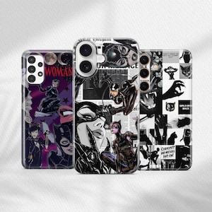 May include: Three black and white phone cases with different designs featuring a cat character. The first case has a black and white cat with the text "Woman" on the case. The second case has a black and white cat with the text "Currently did not kill this cat" on the case. The third case has a black and white cat with the text "Girls bite back" on the case.
