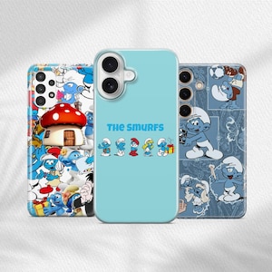 May include: Three phone cases featuring the Smurfs. The cases are blue, white, and black with images of the Smurfs. The middle case has the text "The Smurfs" on it.