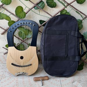 May include: A wooden lyre with black accents and strings, a black carrying case, and a wooden corkscrew. The lyre has a light brown soundboard with a decorative leaf design. The carrying case has a zipper and carrying handles.
