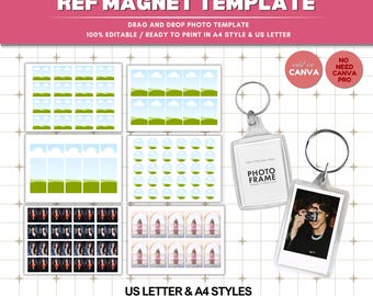May include: A digital template for pre-sized acrylic keychains and refrigerator magnets, featuring editable layouts for A4 and US Letter paper. Includes grids for various photo shapes and two clear acrylic keychain frames with metal rings.