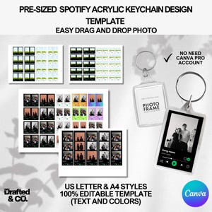 May include: A design template for Spotify acrylic keychains. The image shows a clear acrylic keychain with a photo frame design, and a rectangular keychain with a Spotify interface design. The text says "Easy drag and drop photo". The template is 100% editable.