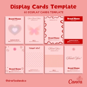 Peut inclure: Un modèle de cartes de présentation sur fond rose. Les cartes présentent divers motifs, dont un cœur, un papillon et des bordures décoratives. Le texte comprend "Brand Name", "Thank You" et des identifiants de réseaux sociaux. Le logo Canva est visible.