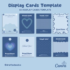 May include: A template for display cards with various designs in shades of blue and white. The cards feature text such as "Brand Name," "Thank You!," and "Your Brand Name." The template includes floral and heart graphics.