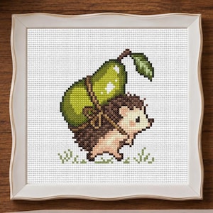 Hedgehog with Pear Cross Stitch Pattern | Cute Hedgehog Embroidery | Woodland Animal Cross Stitch | Fruit Cross Stitch | PDF Pattern
