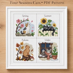 Op de afbeelding: Een kruissteekpatroon getiteld Four Seasons Cats PDF Pattern met vier vierkanten. Lente toont een kat met roze bloemen, Zomer een zwarte kat met zonnebloemen, Herfst een oranje kat met herfstbladeren en Winter een kat in een sjaal bij een raam.