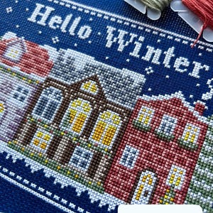 Winter Houses Cross Stitch | Snowy Street Scene with Trees | Holiday Embroidery Pattern Digital PDF