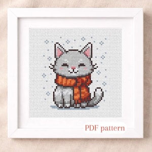 Patrón de punto de cruz de gato adorable en PDF | Gatito invernal con bufanda | Gráfico de bordado contado pequeño