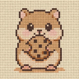 May include: A cross-stitch design of a hamster holding a biscuit. The hamster is brown with pink ears and cheeks, and the biscuit is a darker brown with chocolate chips. The background is a beige fabric.