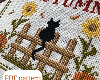 Autumn Cross Stitch Pattern | Black Cat, Pumpkins & Sunflowers | 99x77 Stitches