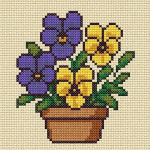 May include: A cross-stitch design of a flower pot with purple and yellow pansies and green leaves. The flowers are in full bloom, and the pot is a warm brown color. The background is a light beige fabric.