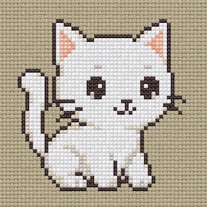 Puede incluir: Un patrón de punto de cruz blanco de un lindo gato de dibujos animados con ojos negros y una nariz rosa. El gato está sentado con la cola enroscada alrededor de su cuerpo.
